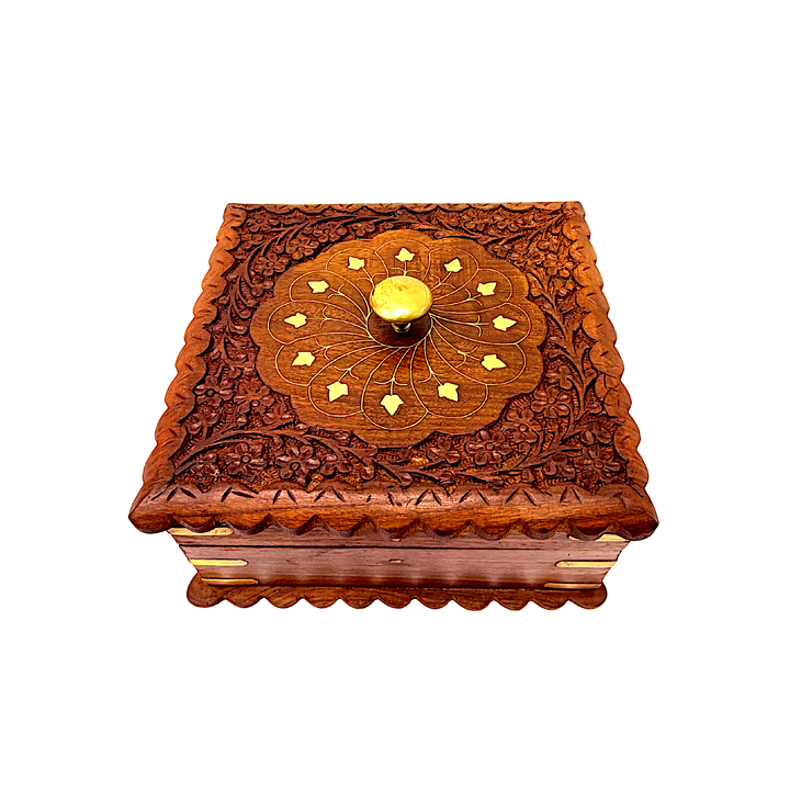 Wooden Jewel Box, 7 Inch Square with 4 Compartments