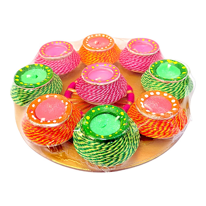 Thread-Wrapped Clay Matki Diyas with Colored Wax, Set of 9 on Round Gold Tray – Assorted Colors
