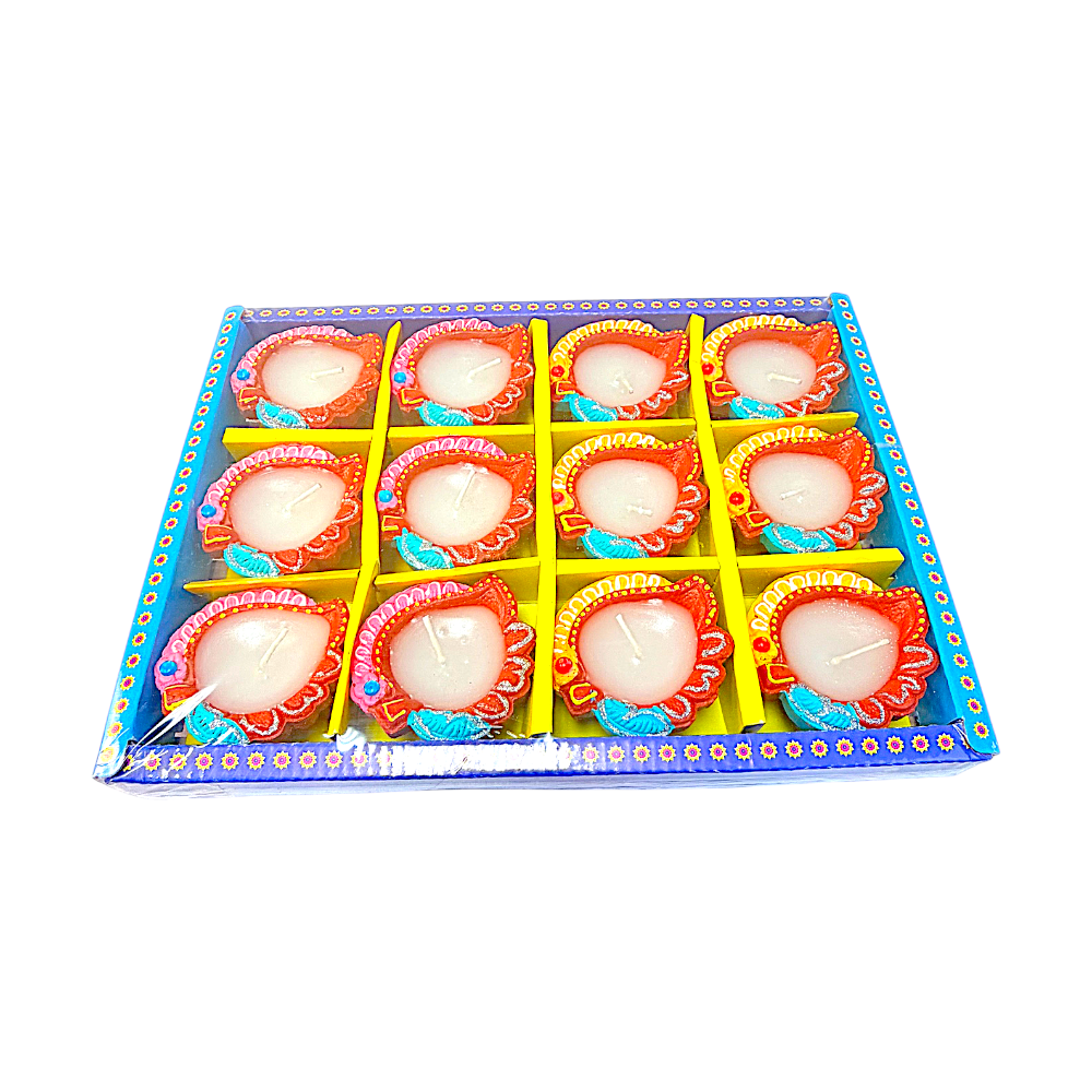 12 pc SD Diya Box with wax (PAAN), colorful diyas