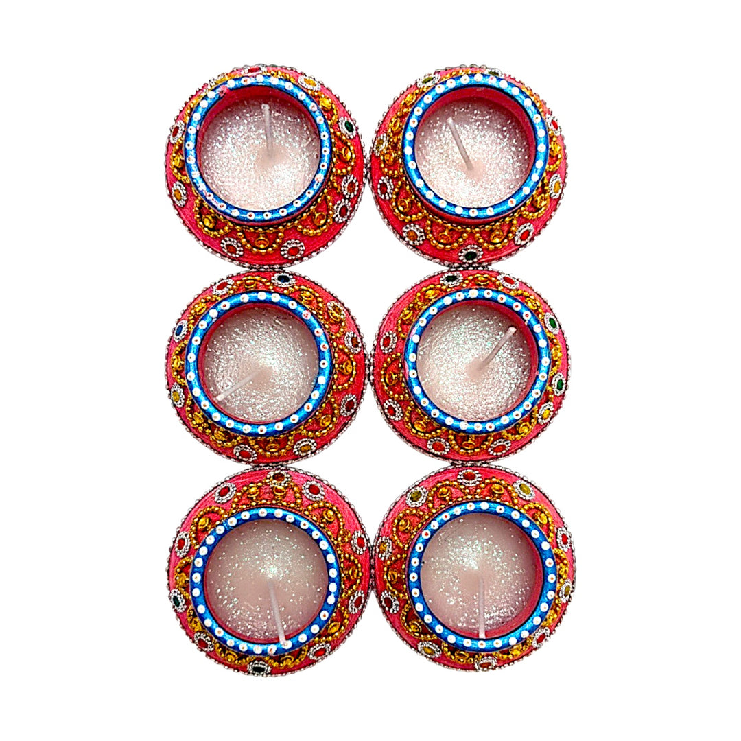 Kundan &amp; Bead Work Clay Matki Diyas with Glitter Wax, Set of 6 – Pink with Blue Rim, Gift Boxed