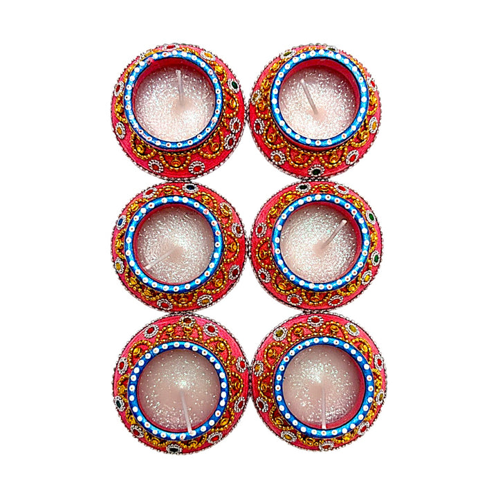 Kundan &amp; Bead Work Clay Matki Diyas with Glitter Wax, Set of 6 – Pink with Blue Rim, Gift Boxed