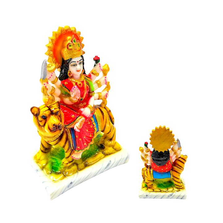 Goddess Durga on Tiger, Colorful Marble Dust, 7 Inch Idol - view 2