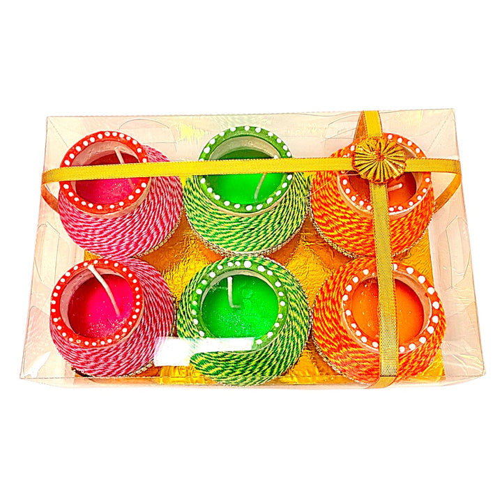 Thread-Wrapped Clay Matki Diyas with Colored Wax, Set of 6 – Assorted Colors, Gift Boxed