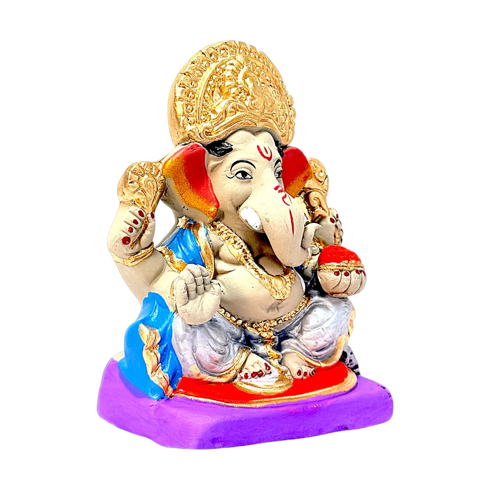 Eco-Friendly Clay Ganesha, clay, color and gold 6" (color combination may vary)