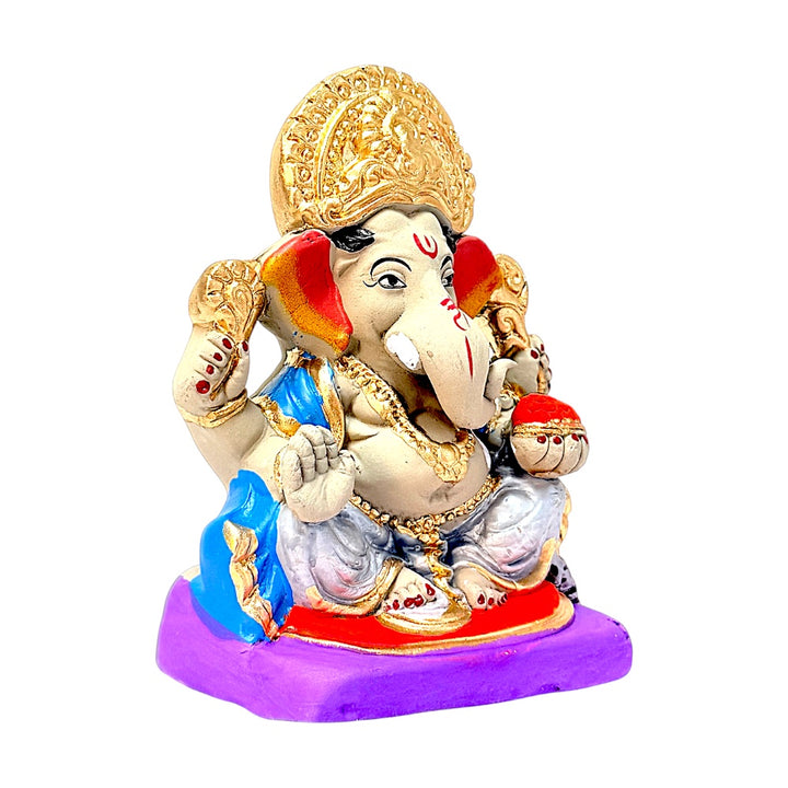 Eco-Friendly Clay Ganesha, clay, color and gold 6" (color combination may vary)