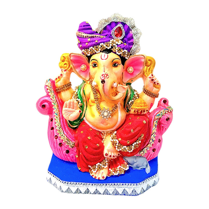 Eco-Friendly Clay Ganesha, color and gold with turban on throne 10"