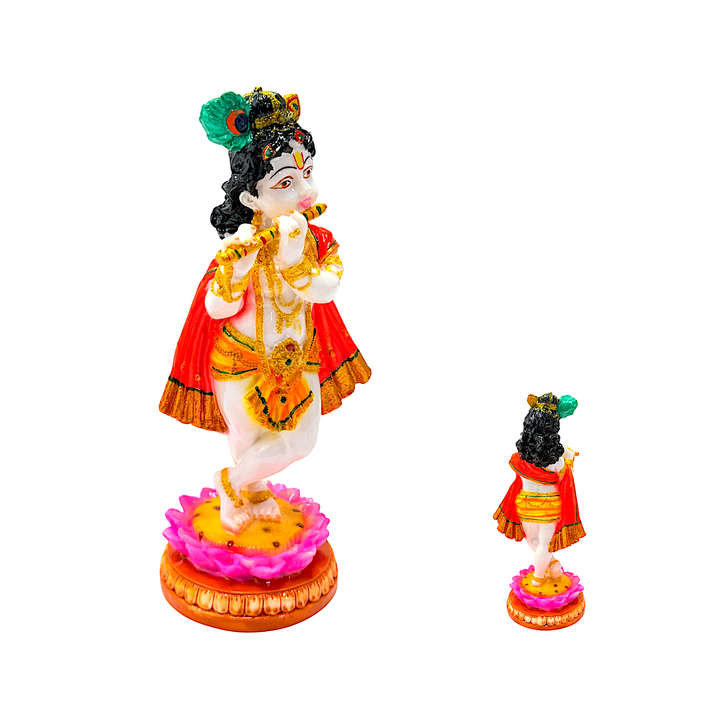 Lord Krishna with Flute White and Gold, Colorful Marble Dust, 8 Inch Idol - view 2