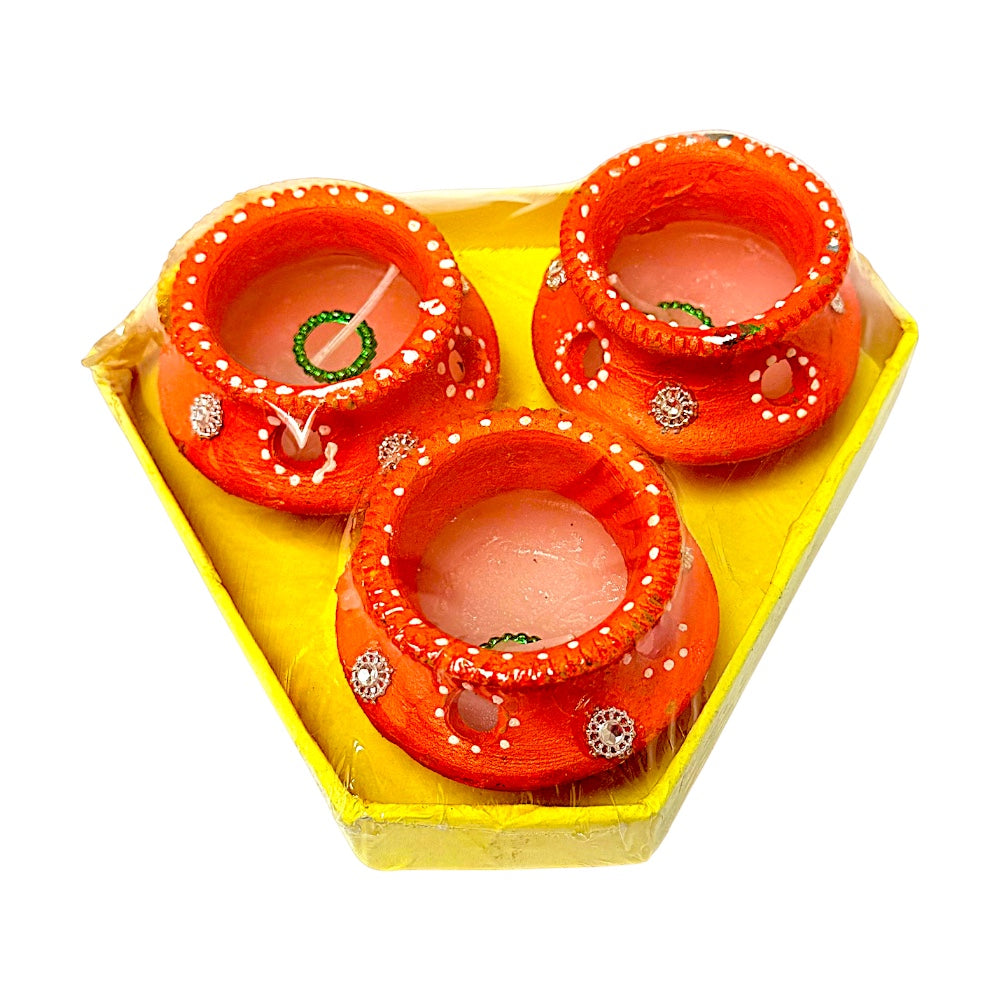Set of 3 large Matki Diyas with  wax, assorted colors