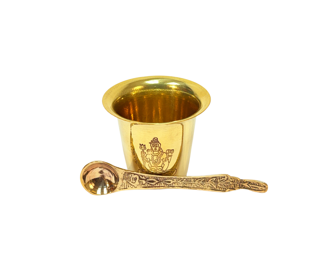 Achmani (Cup with spoon) Brass with Laxmi Entraving 2.5 Inch