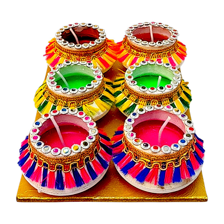 Tassel-Fringe Clay Matki Diyas with Colored Wax, Set of 6 – Rhinestone &amp; Gota Trim, Assorted Colors