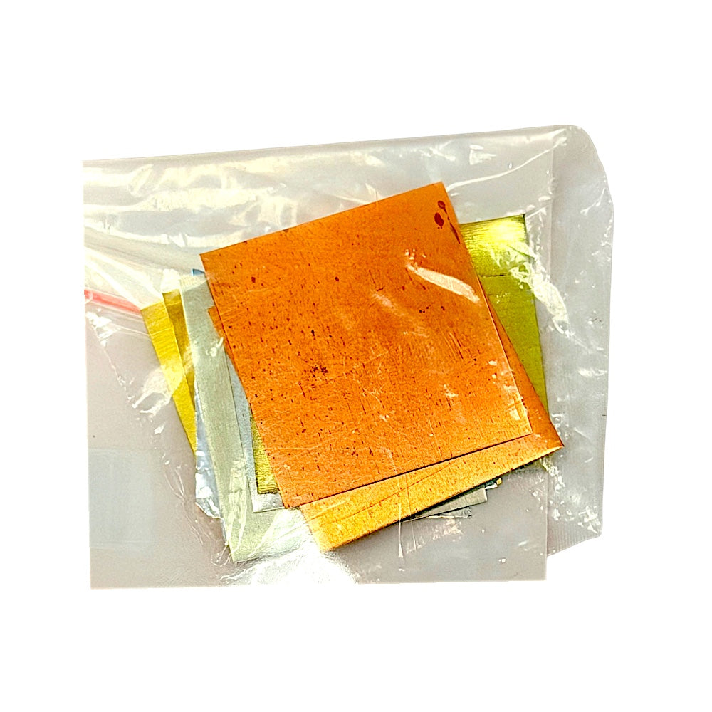 Nine metal pieces for puja in sealed inner pouch, close-up