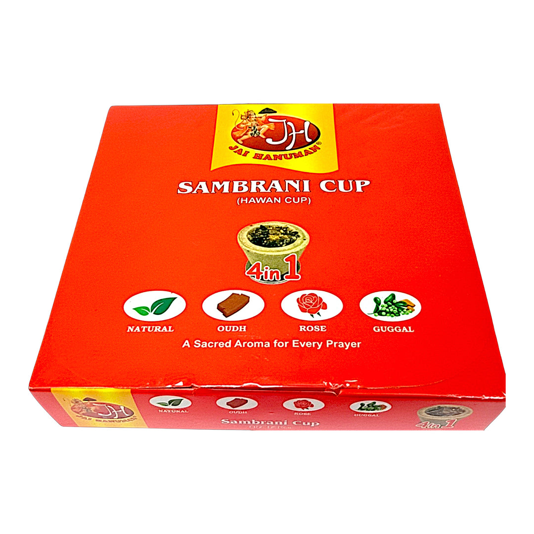 Jai Hanuman Sambrani Cup 4 in 1 box, front with Natural, Oudh, Rose, and Guggal icons
