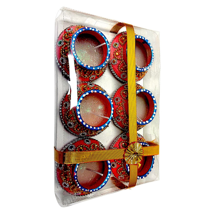 Kundan &amp; Bead Work Clay Matki Diyas with Glitter Wax, Set of 6 – Pink with Blue Rim, Gift Boxed