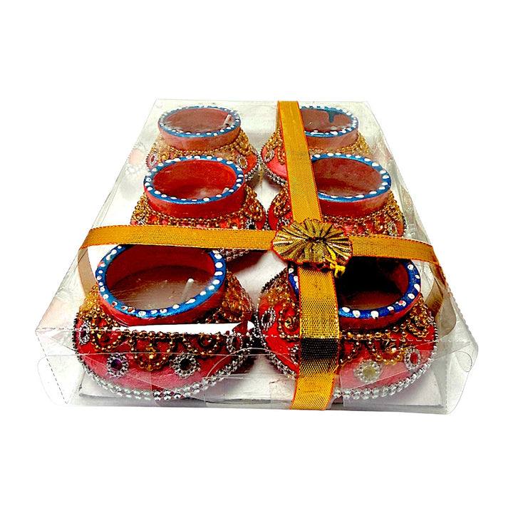 Kundan &amp; Bead Work Clay Matki Diyas with Glitter Wax, Set of 6 – Pink with Blue Rim, Gift Boxed