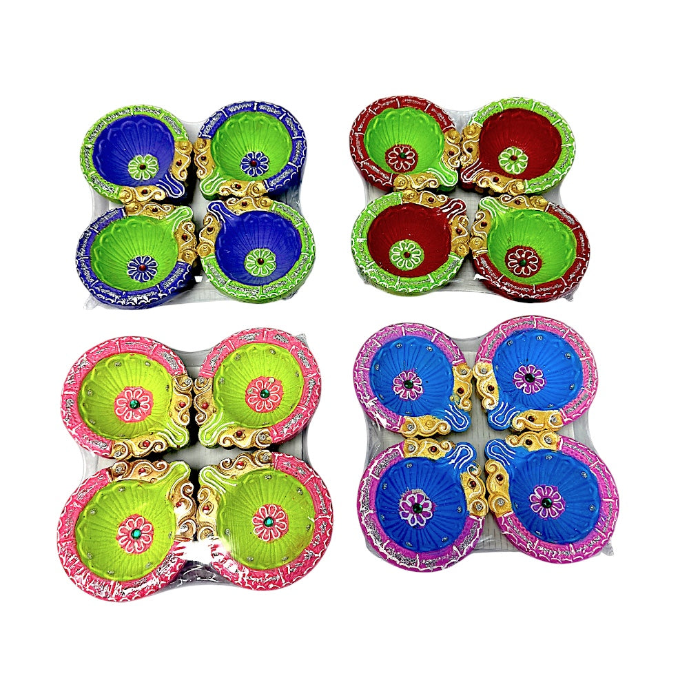 Colorful set of 4 Diyas, double Haathi