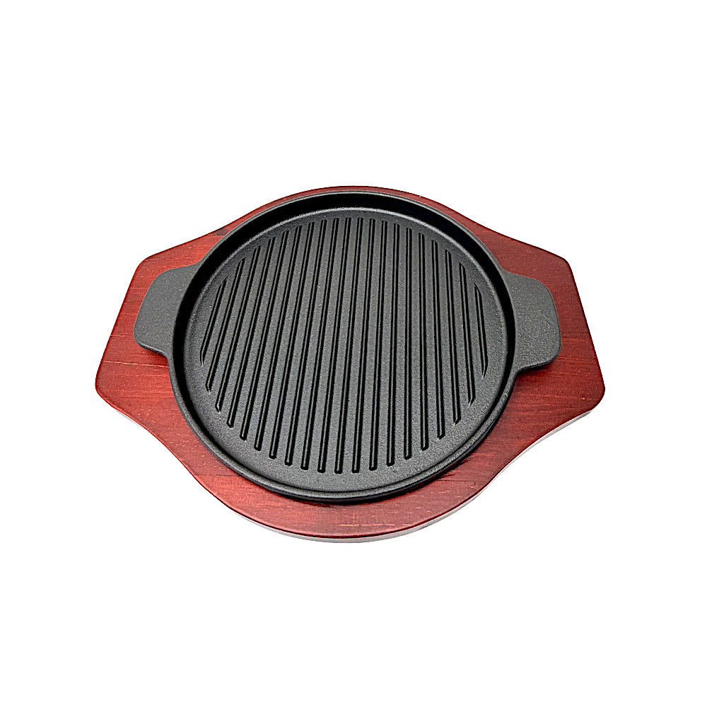 Sizzler Cast Iron Round with Handles and BBQ Lines Dia: 9.5 Inch Wood Base
