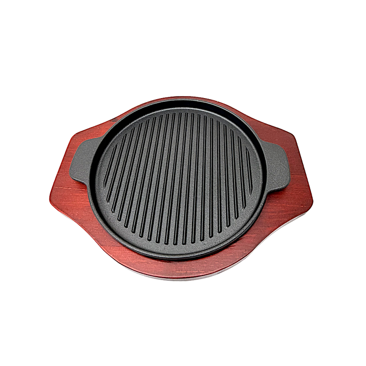 Sizzler Cast Iron Round with Handles and BBQ Lines Dia: 9.5 Inch Wood Base