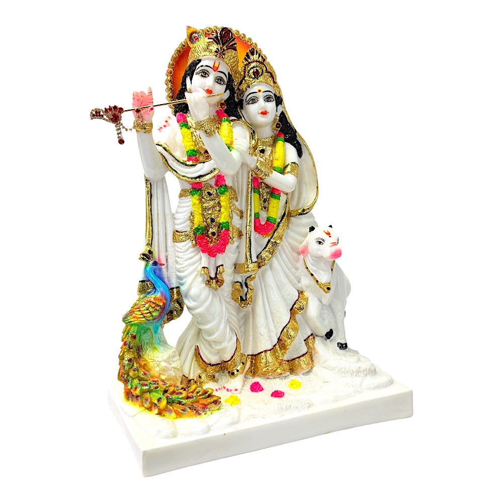 Radha Krishna White Marble Dust Murti 12" — Handcrafted Idol with Gold Detailing | Home Mandir Statue