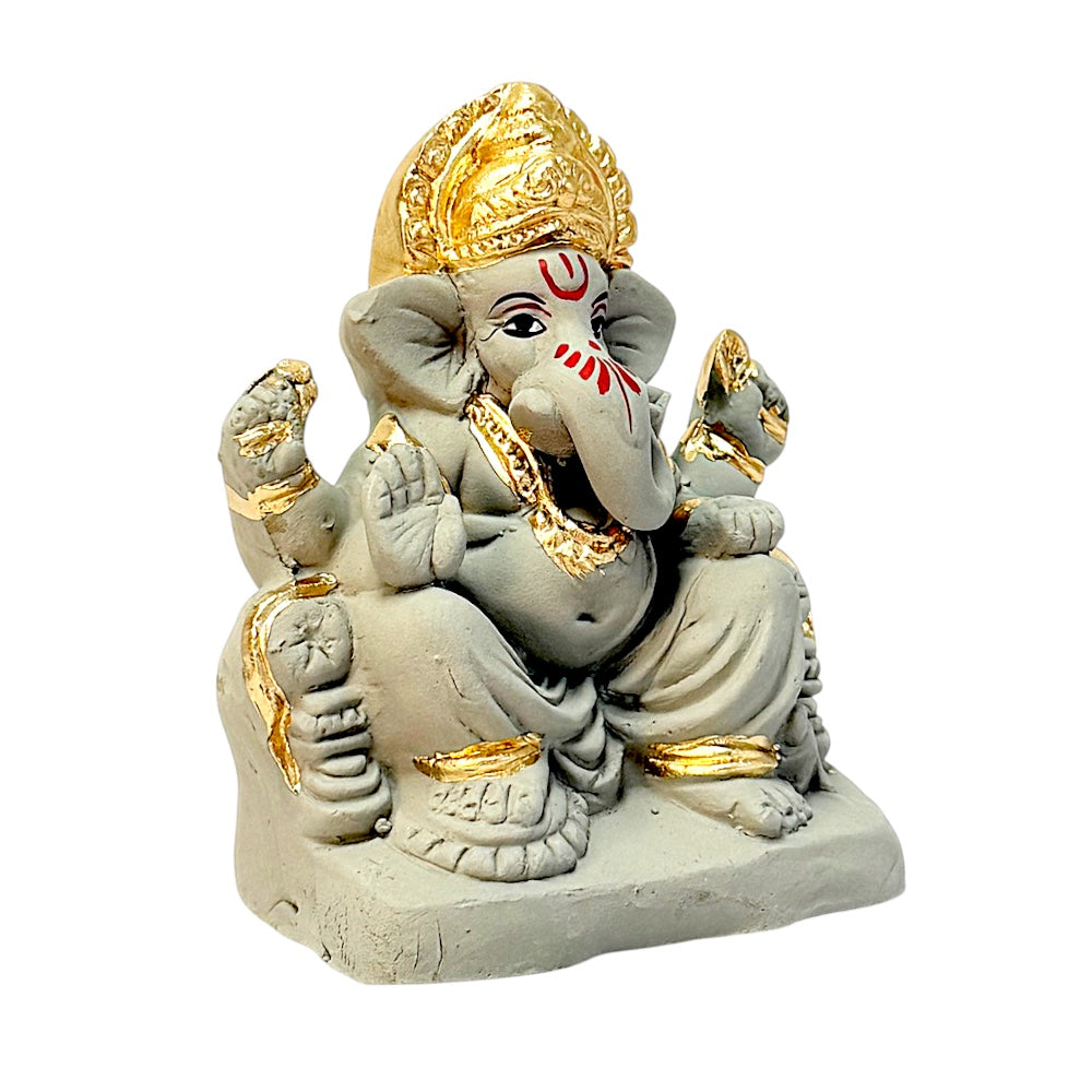 Eco Friendly Ganesha 4" — Natural Clay Ganpati Murti with Gold Accents | Shadu Mati Style