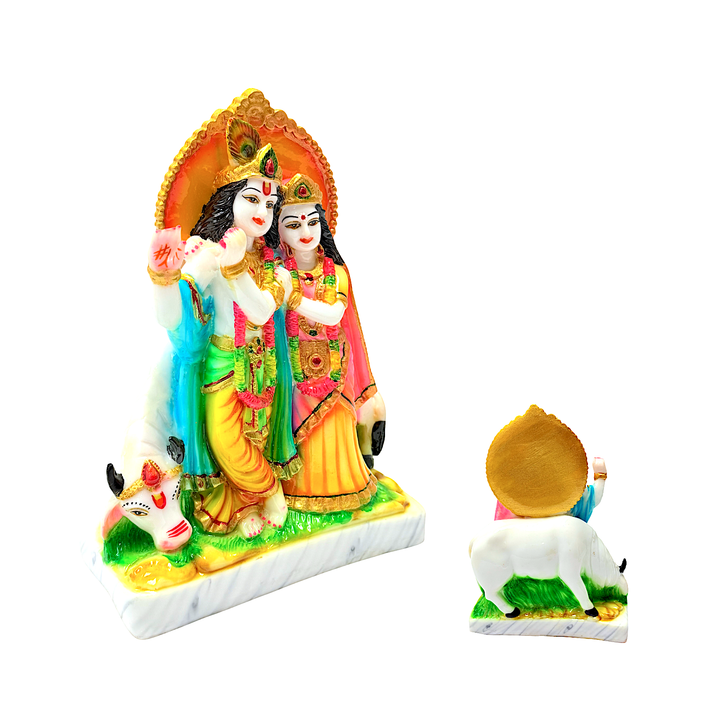Radha Krishna with Cow, Colorful Marble Dust, 9 Inch Idol - view 2