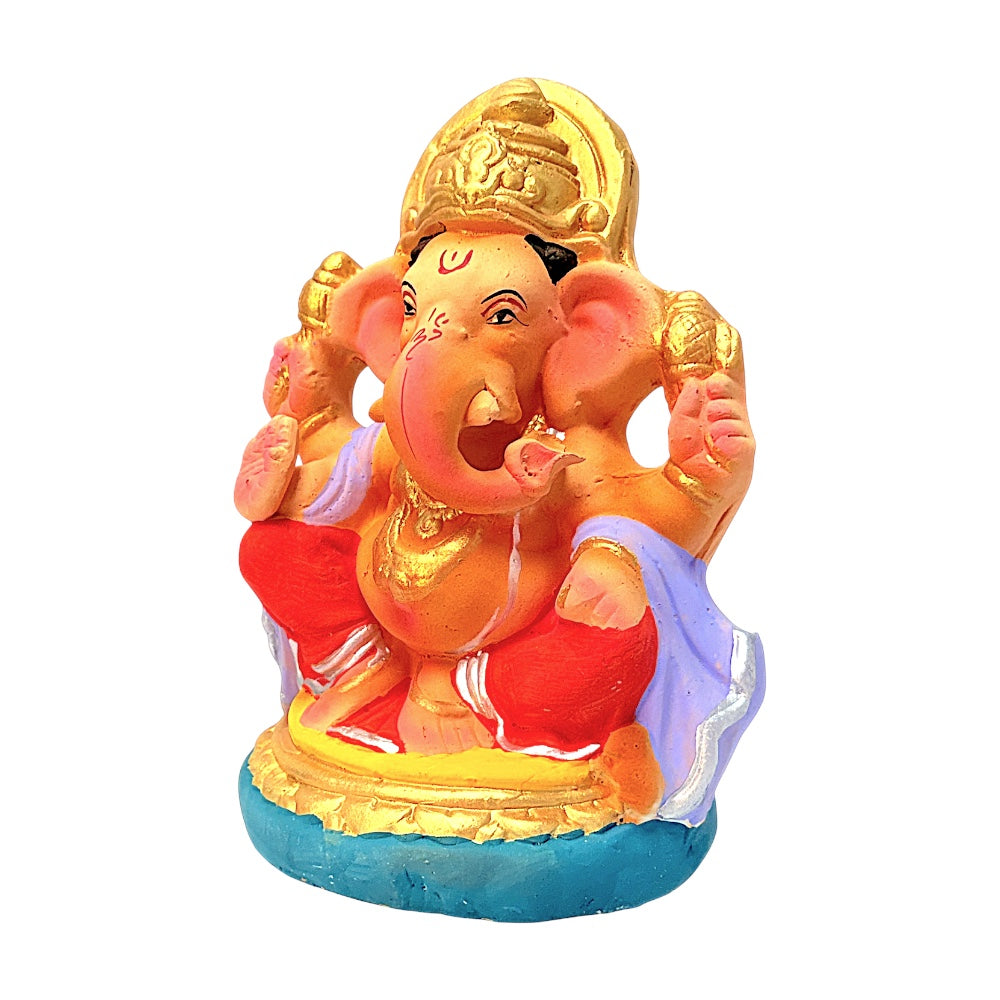 Eco Friendly Ganesha 8" — Clay Ganpati Murti in Saffron with Purple Shawl | Handmade