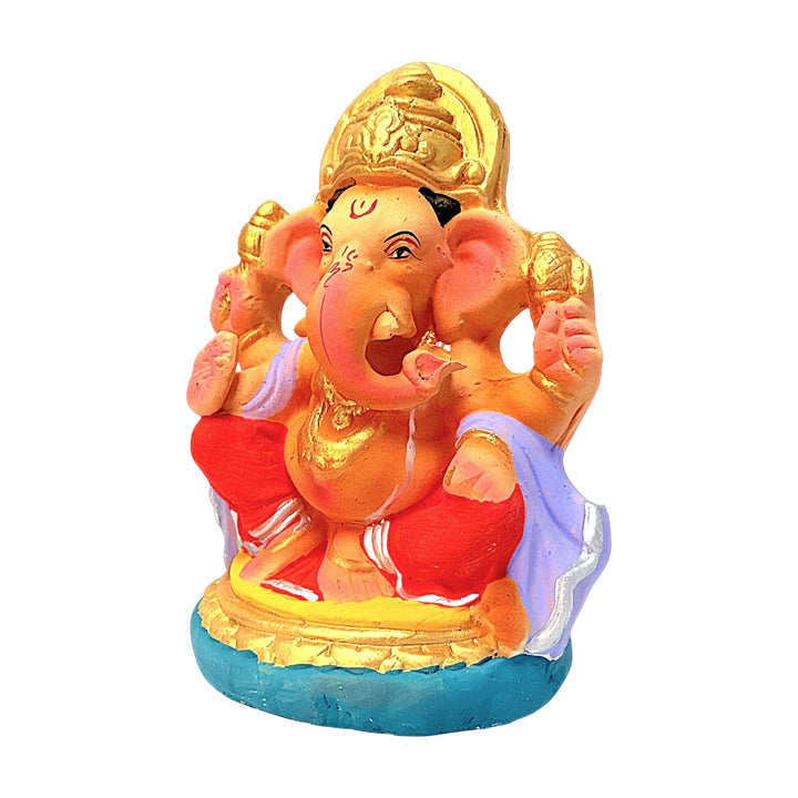 Eco Friendly Ganesha 8" — Clay Ganpati Murti in Saffron with Purple Shawl | Handmade
