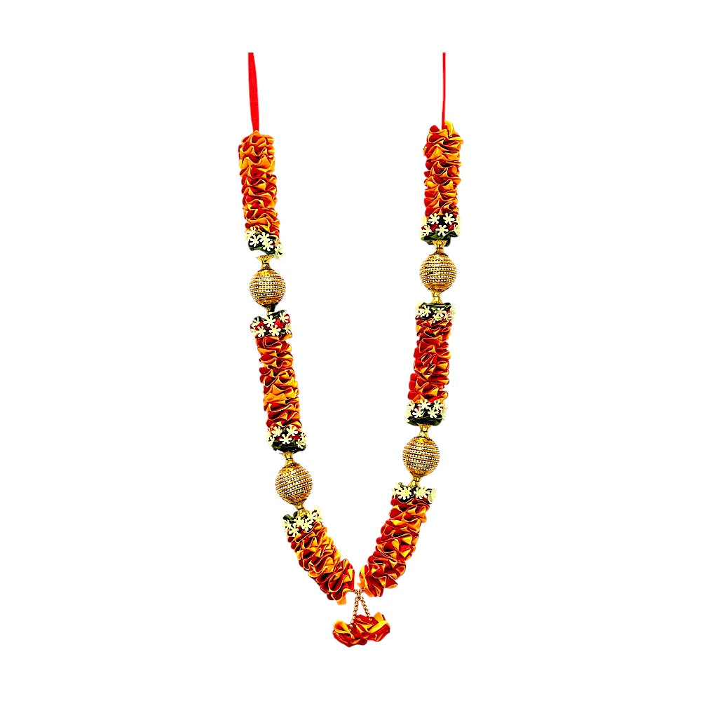 Artificial Floral Garland with Gold Beads, 24 Inch Indian Puja Mandir Garland, Festival Wedding Decor