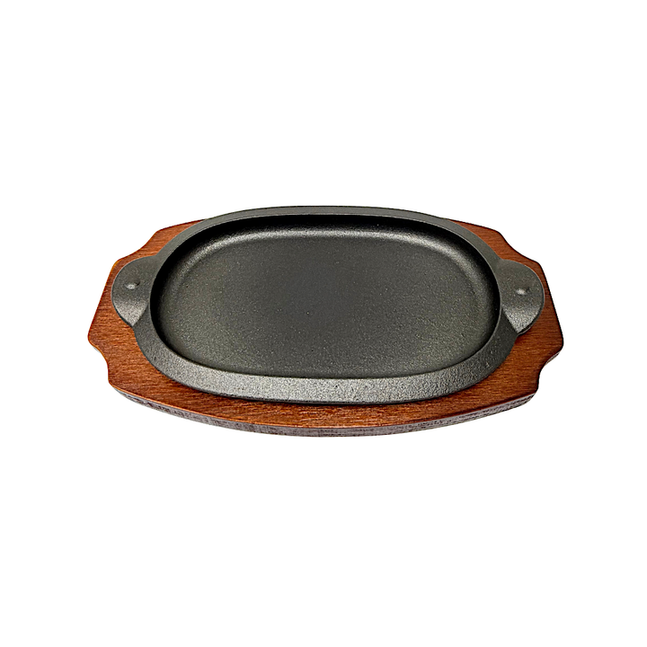 Sizzler Cast Iron L: 10 Inch W: 6 Inch Small Handles Wood Base
