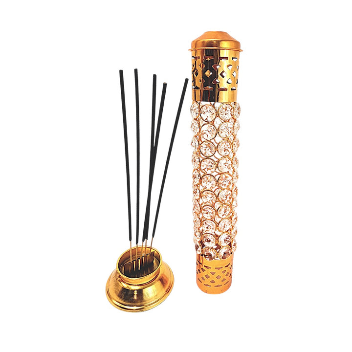 Crystal Tower Incense Holder — 13" Gold Agarbatti Stand with Built-In Ash Catcher