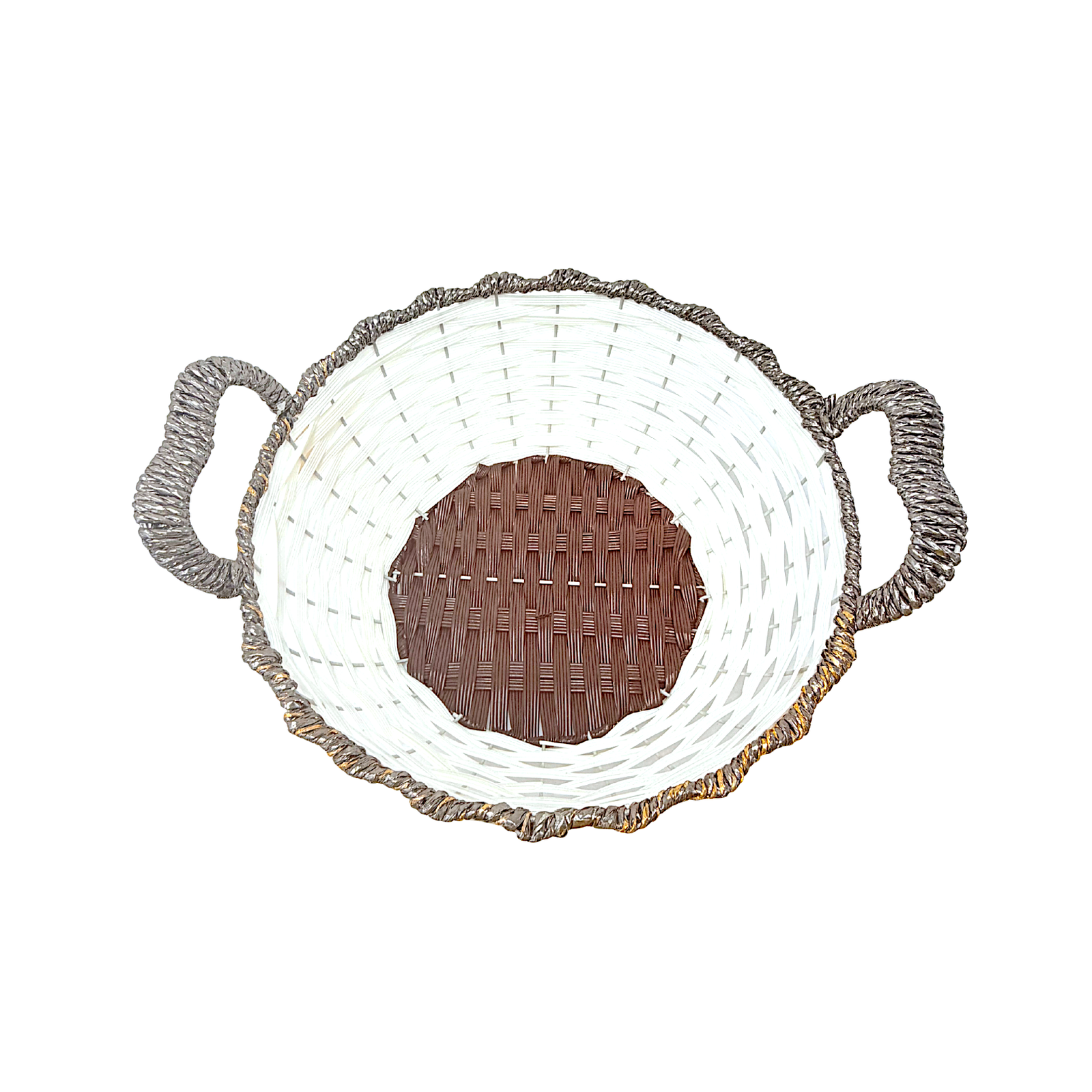 Mkaurs Round Woven White and Metallic Bronze Wicker Deep Basket with Handles