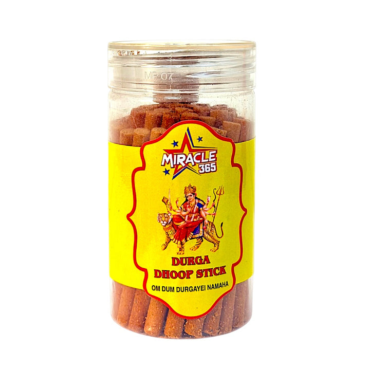 Miracle 365 Durga Dhoop Sticks jasmine 100 g jar, front label with Maa Durga on tiger