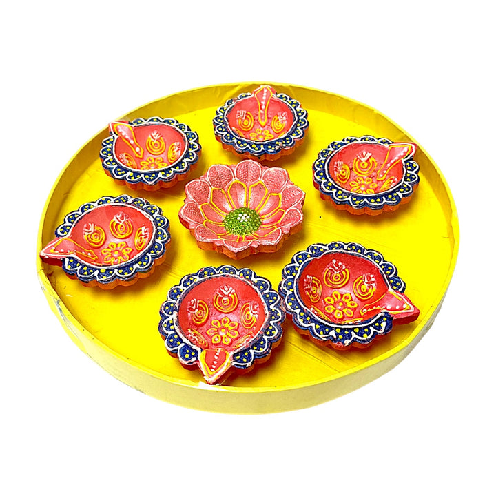 Set of 7 colored clay diyas, on round tray, colors and design may vary