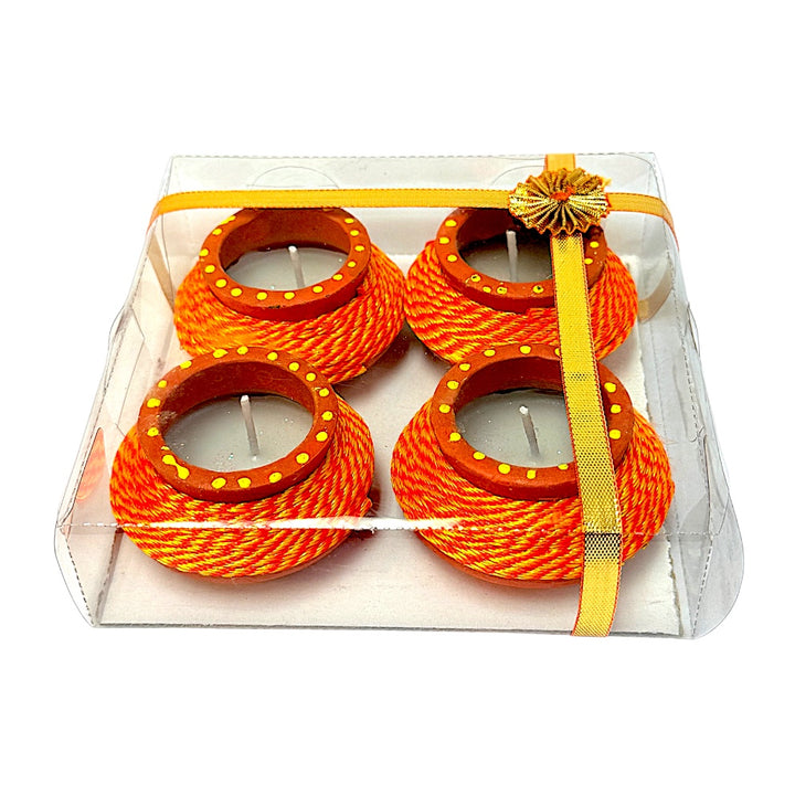Thread-Wrapped Clay Matki Diyas with Wax, Set of 4 – Assorted Colors, Gift Boxed