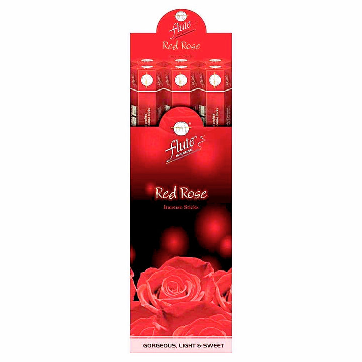 Flute Brand Red Rose Incense sticks in a display box, featuring a large red rose image and floral fragrance description.