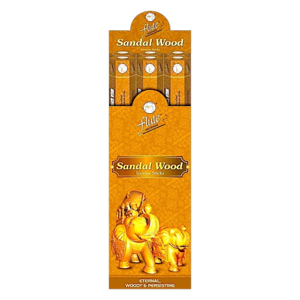 Flute Brand Sandalwood Incense Sticks, 6 tubes of 20 sticks each, for meditation and prayer.