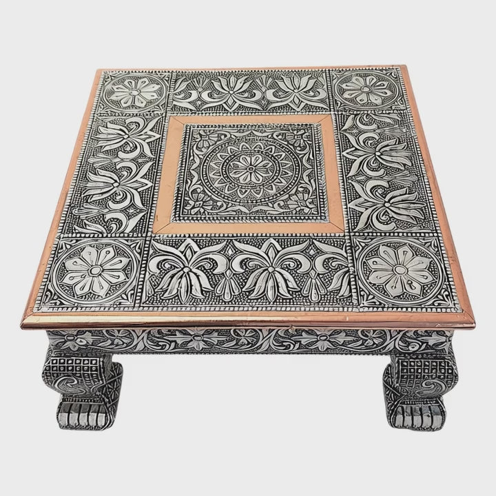 Oxidized Metal Chowki / Bajat Puja Stand, 15 Inch Square