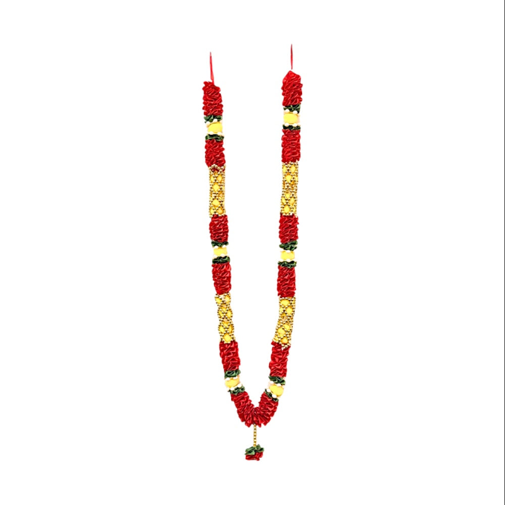 Quality Indian Goods 21 inch red, gold, and green garland with ruffles and pearls for puja and celebrations.