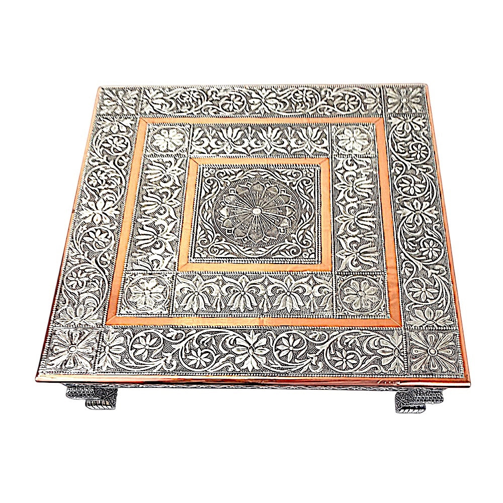 Quality Indian Goods 21 inch square puja pedestal with intricate floral silver and copper metalwork.