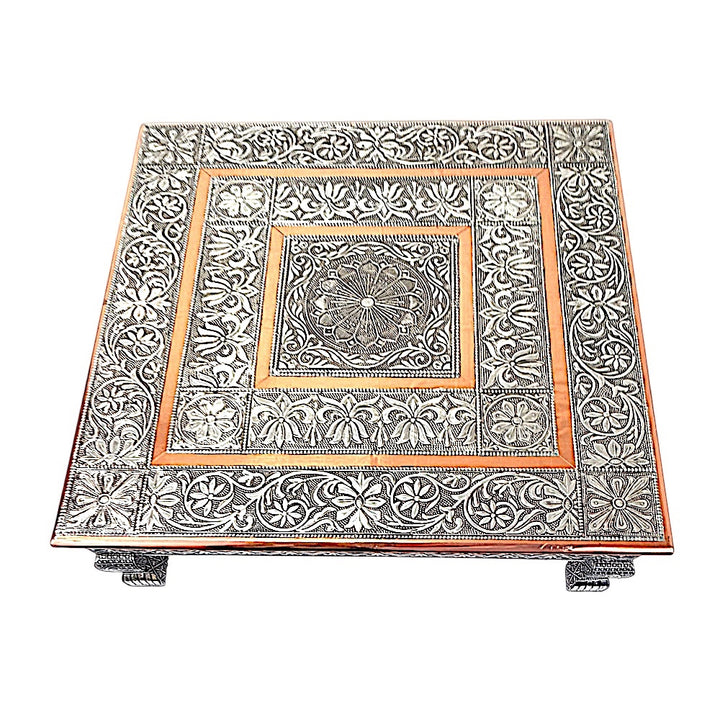 Quality Indian Goods 21 inch square puja pedestal with intricate floral silver and copper metalwork.