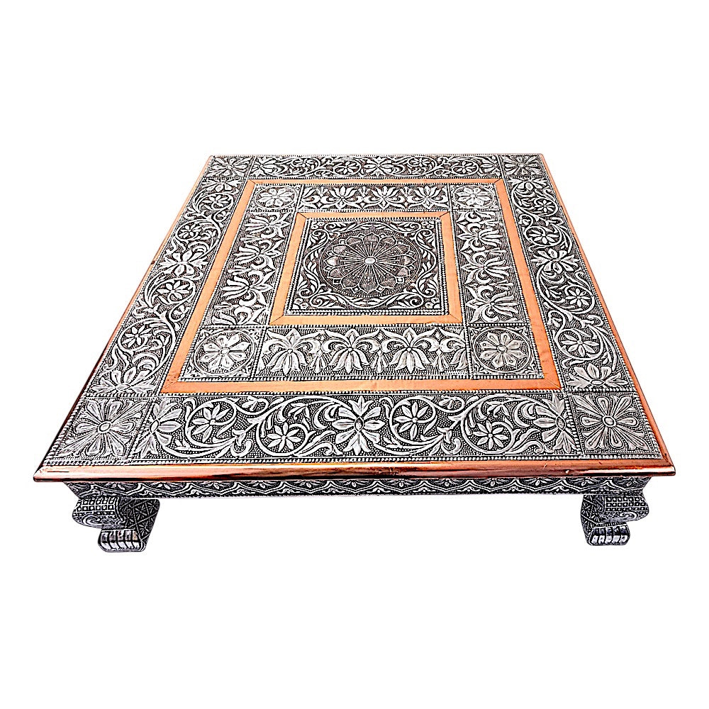 Quality Indian Goods 21 inch square puja pedestal with intricate floral metalwork and copper accents.