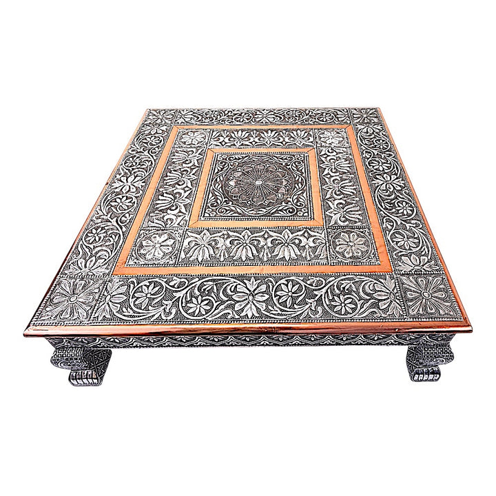 Quality Indian Goods 21 inch square puja pedestal with intricate floral metalwork and copper accents.