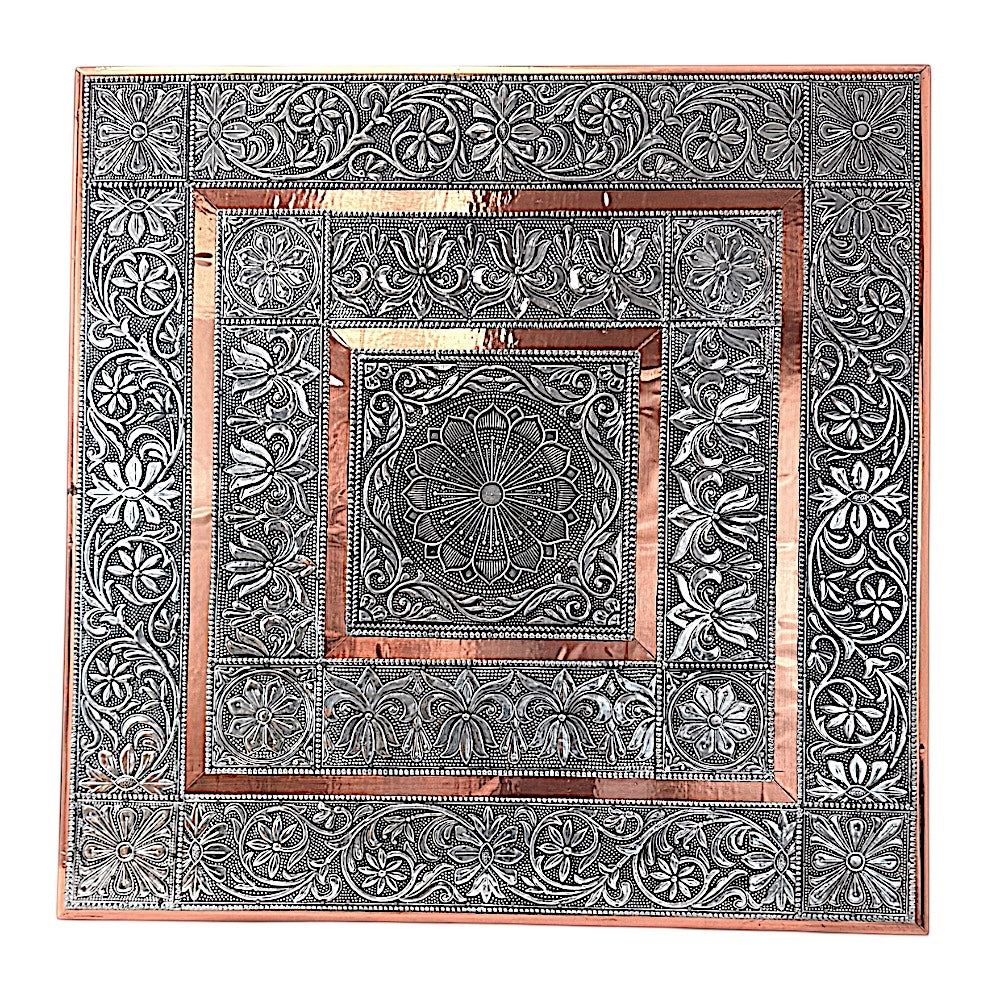Quality Indian Goods 21 inch square copper and silver puja pedestal with intricate floral and mandala embossed designs.