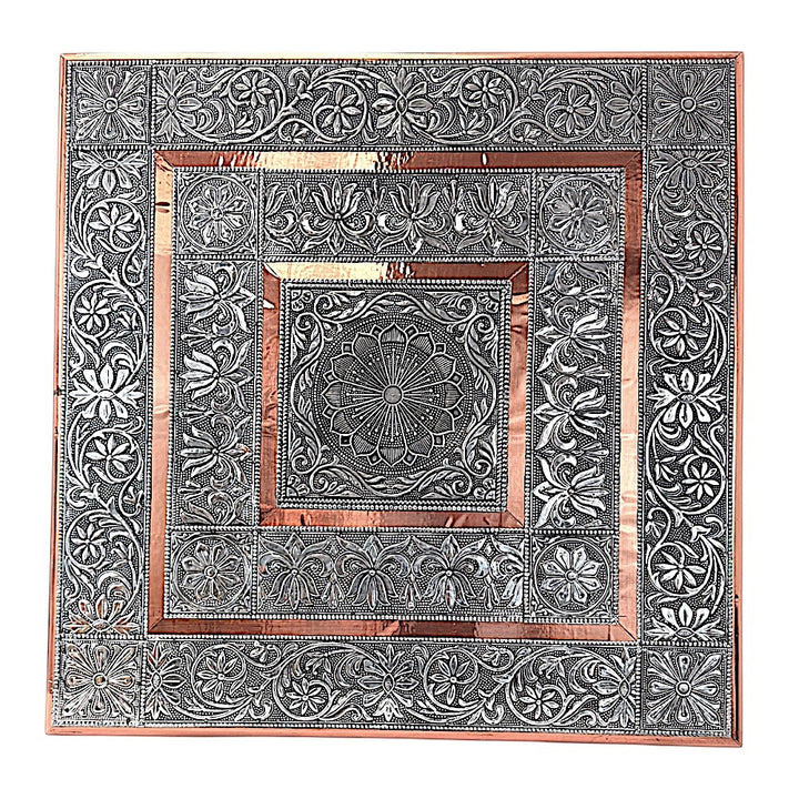 Quality Indian Goods 21 inch square copper and silver puja pedestal with intricate floral and mandala embossed designs.