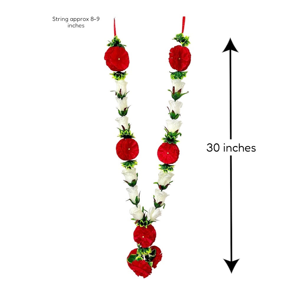 Quality Indian Goods 30 inch white rose and red carnation garland for puja and festive celebrations.