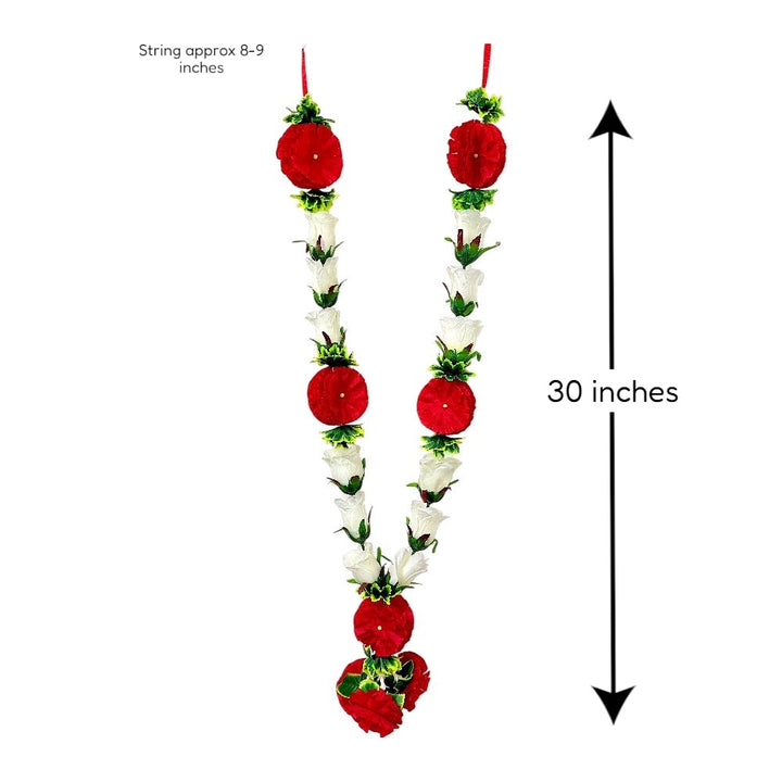 Quality Indian Goods 30 inch white rose and red carnation garland for puja and festive celebrations.
