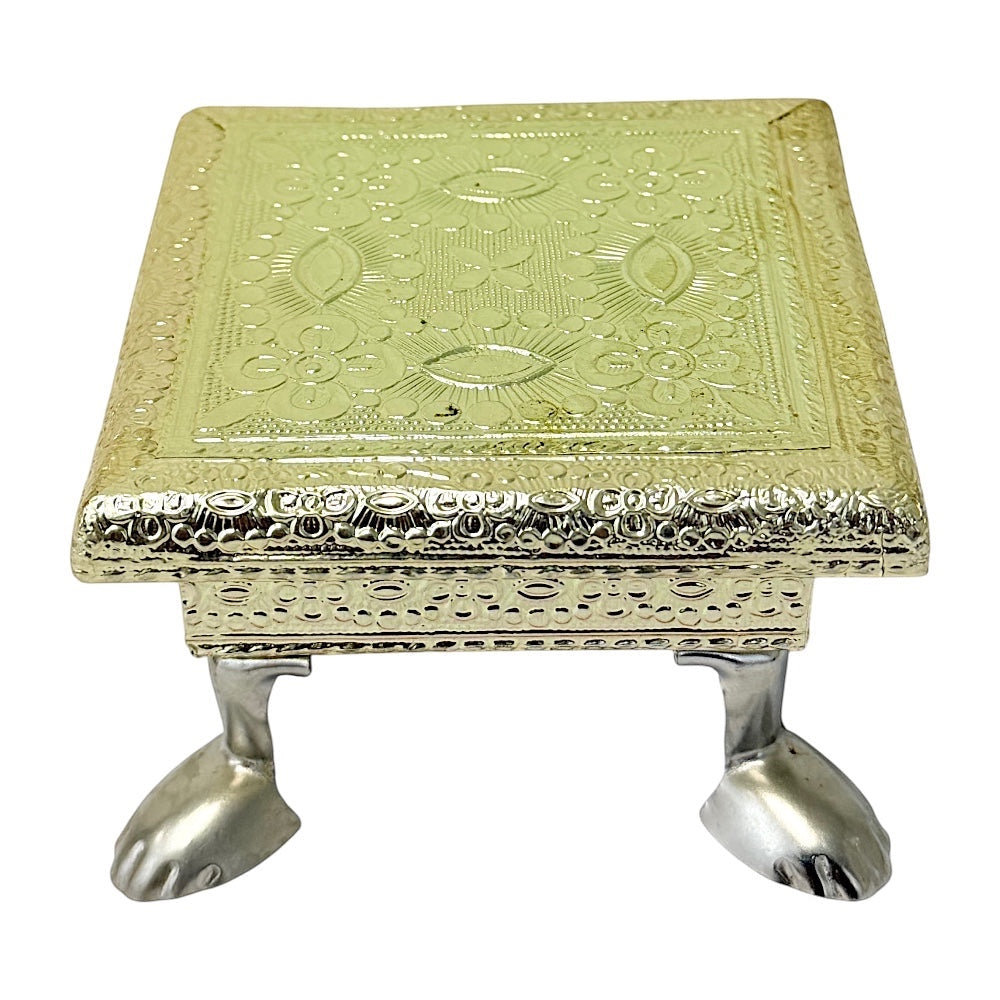 Quality Indian Goods 6 inch wooden bajat pedestal with ornate silver-tone embossed top and paw feet.