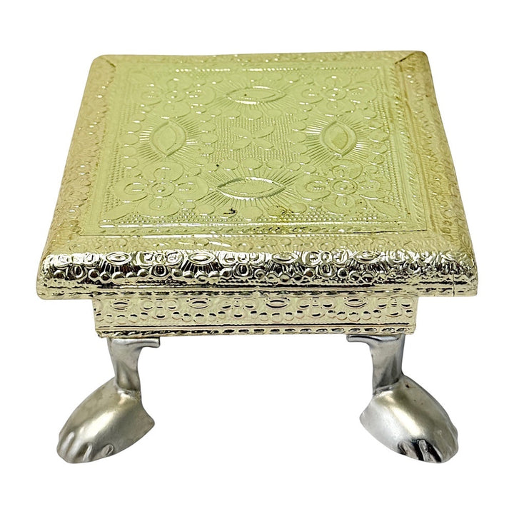 Quality Indian Goods 6 inch wooden bajat pedestal with ornate silver-tone embossed top and paw feet.