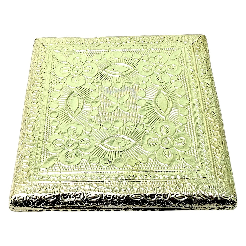 Quality Indian Goods 6 inch gold-tone pedestal with intricate floral and paisley embossed design, four feet.