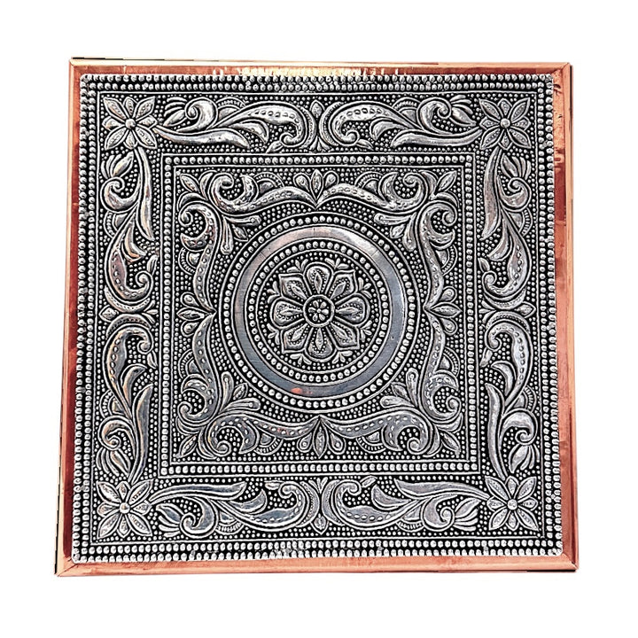 Quality Indian Goods Bajat Oxidised 10 inch square puja pedestal with intricate floral and paisley embossed silver-tone metalwork on copper frame.