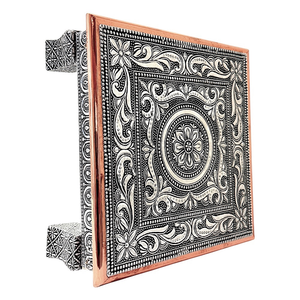 Quality Indian Goods Bajat Oxidised 10 inch square puja table with short legs, featuring intricate floral and paisley patterns in silver and copper.